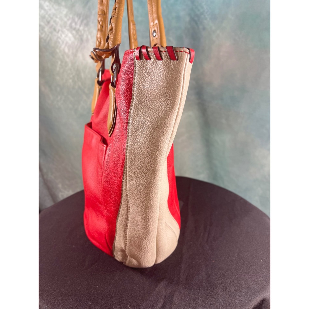 Oryany Lysse Red Beige Leather Tote Bag Braided Handles Woven Large Shoulder Bag - Picture 4 of 10